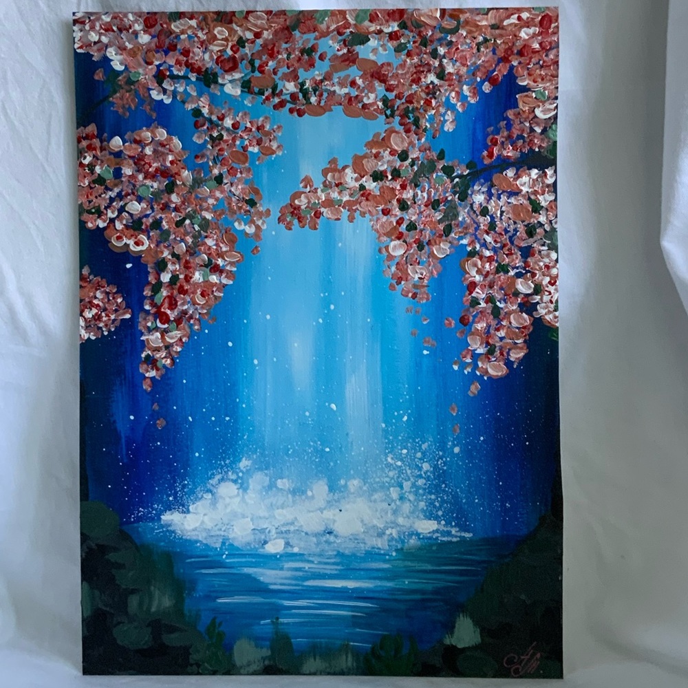 New Original Acrylic Painting Hidden Waterfall Garden 8.5x12 inch